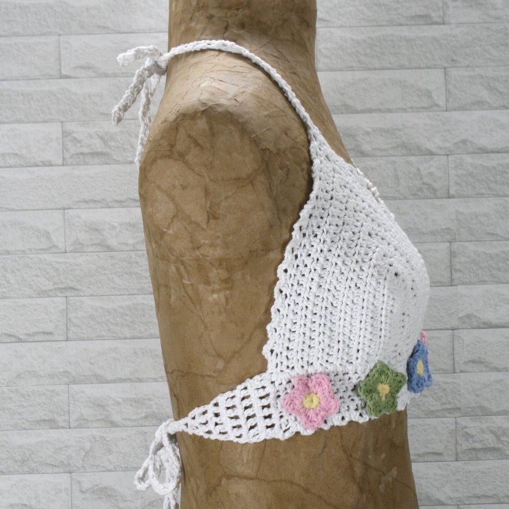 HAND CRAFTED Crop Top Halter Bikini Crochet Flower Power Spring Festival White - Picture 4 of 14